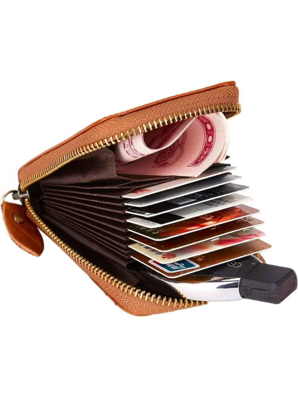 Vintage Handmade Leather RFID Blocking Wallet, Multi Card Case with Zipper